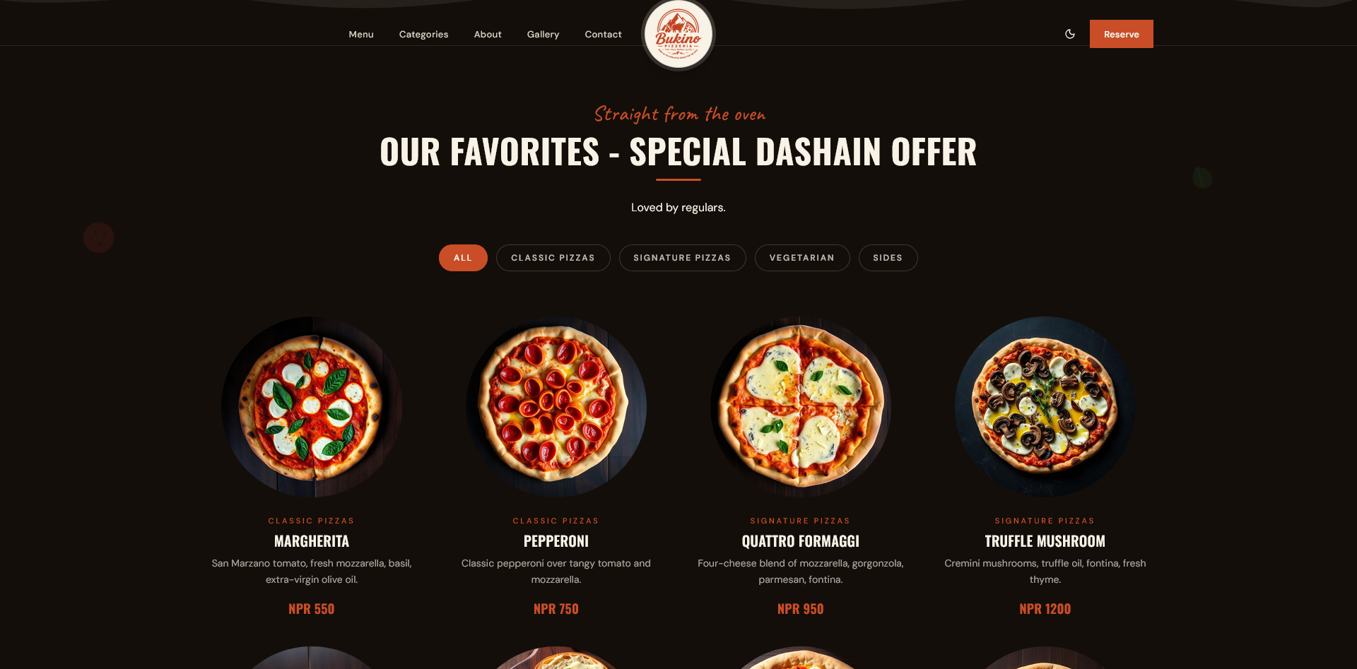 Bukino desktop menu screenshot showing pizza categories and dishes