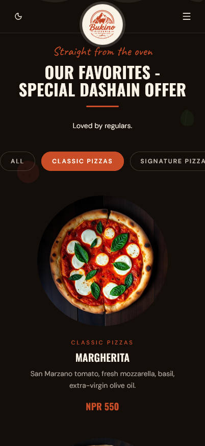 Bukino mobile menu screenshot showing the Margherita pizza